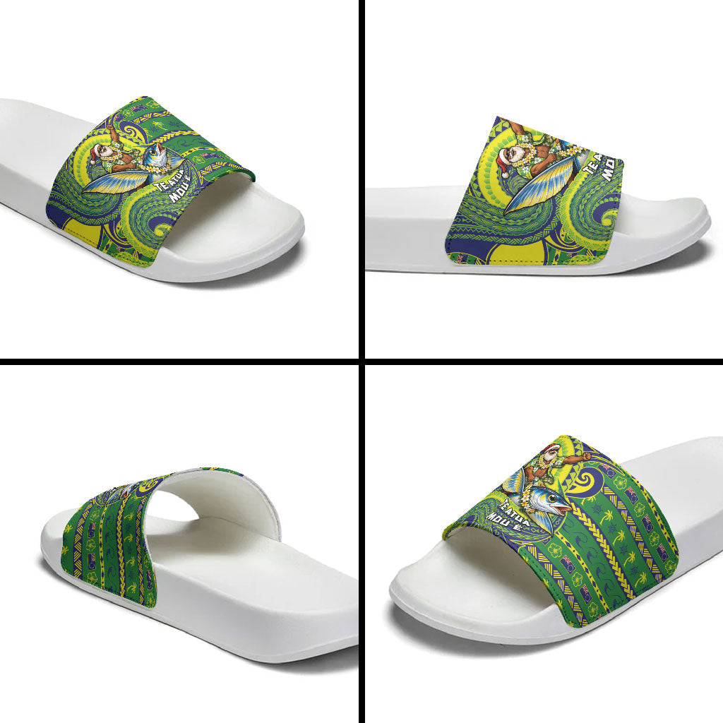 Cook Islands Christmas Slide Sandals Santa Riding Flying Fish