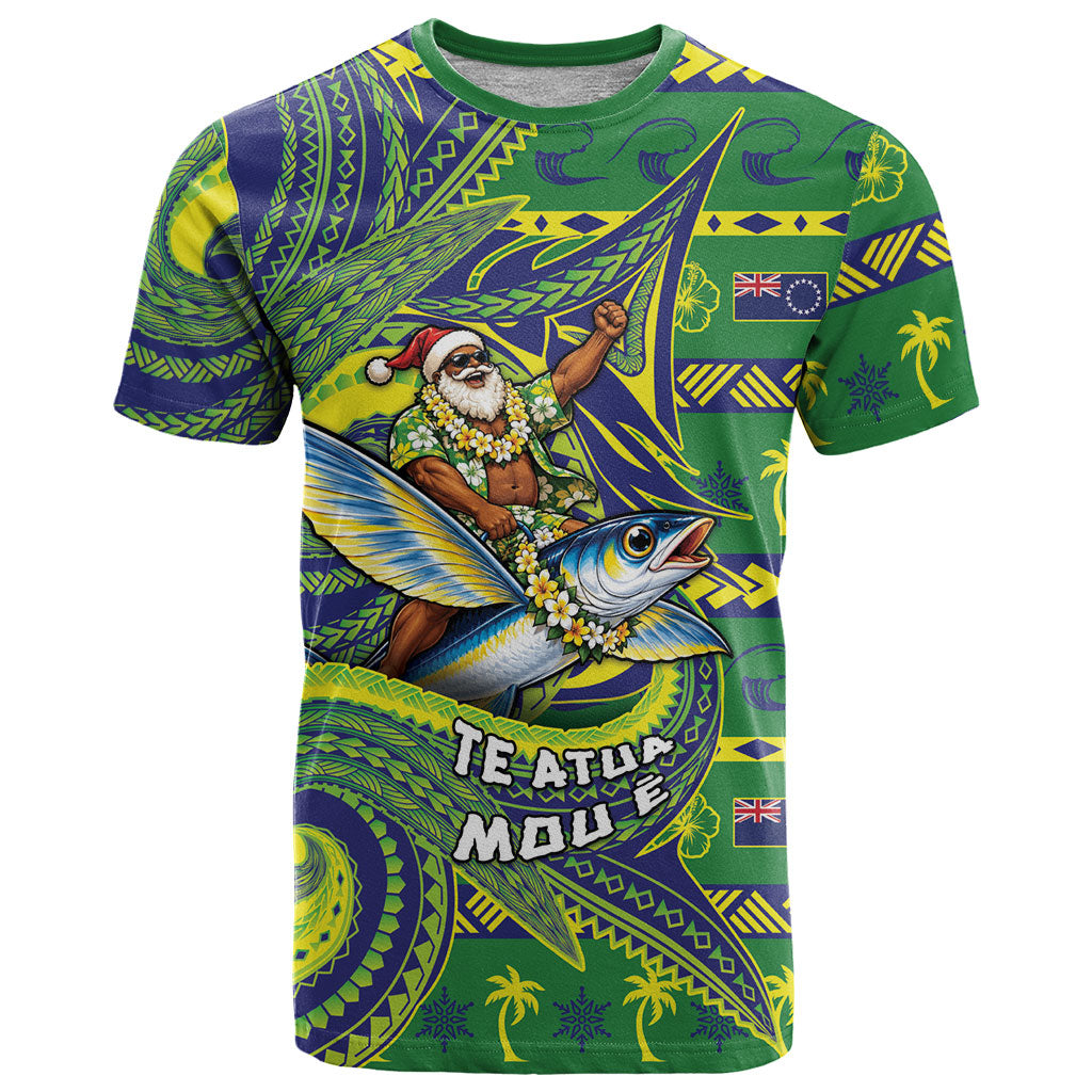 Cook Islands Christmas T Shirt Santa Riding Flying Fish DT05 Green - Polynesian Pride