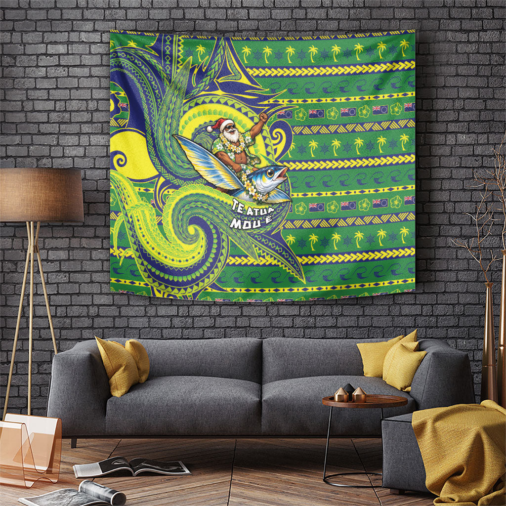 Cook Islands Christmas Tapestry Santa Riding Flying Fish DT05 Green - Polynesian Pride