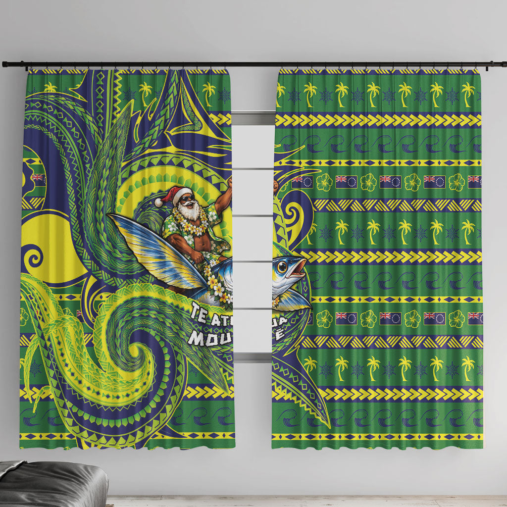 Cook Islands Christmas Window Curtain Santa Riding Flying Fish DT05 With Hooks Green - Polynesian Pride
