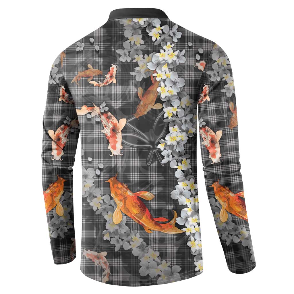 Black Palaka Hawaiian And Japanese Button Sweatshirt Sakura Lei With Koi Fish - Polynesian Pride