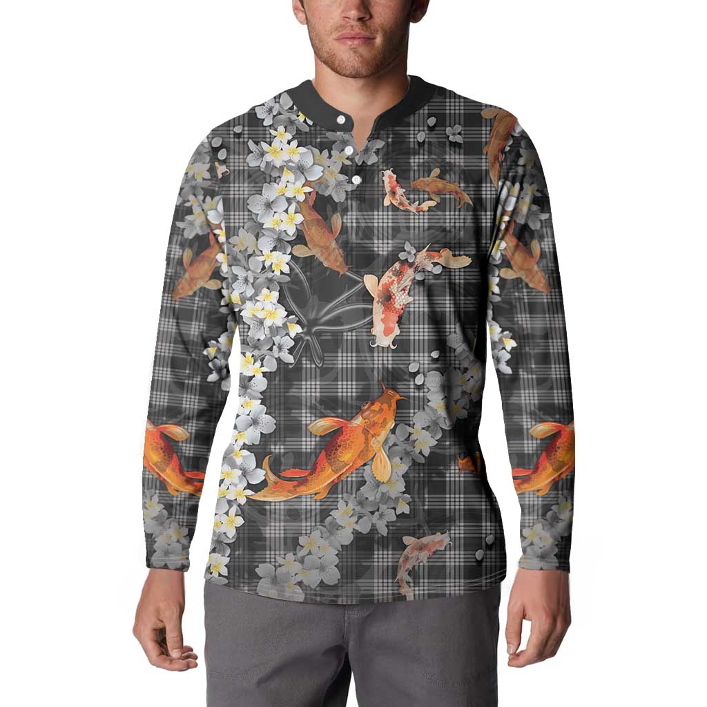 Black Palaka Hawaiian And Japanese Button Sweatshirt Sakura Lei With Koi Fish - Polynesian Pride