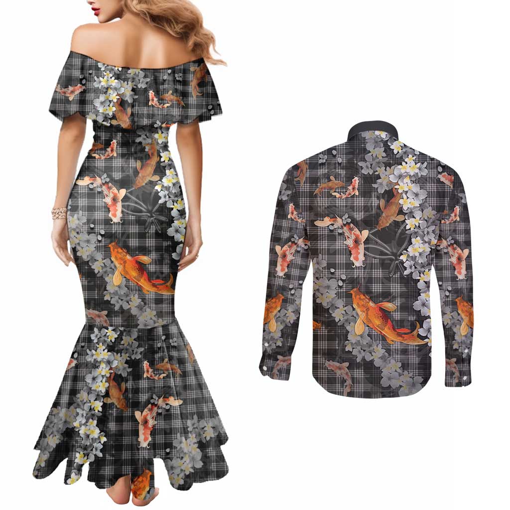 Black Palaka Hawaiian And Japanese Couples Matching Mermaid Dress and Long Sleeve Button Shirt Sakura Lei With Koi Fish DT05 - Polynesian Pride