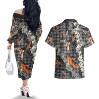 Black Palaka Hawaiian And Japanese Couples Matching Off The Shoulder Long Sleeve Dress and Hawaiian Shirt Sakura Lei With Koi Fish DT05 - Polynesian Pride