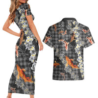 Black Palaka Hawaiian And Japanese Couples Matching Short Sleeve Bodycon Dress and Hawaiian Shirt Sakura Lei With Koi Fish DT05 - Polynesian Pride