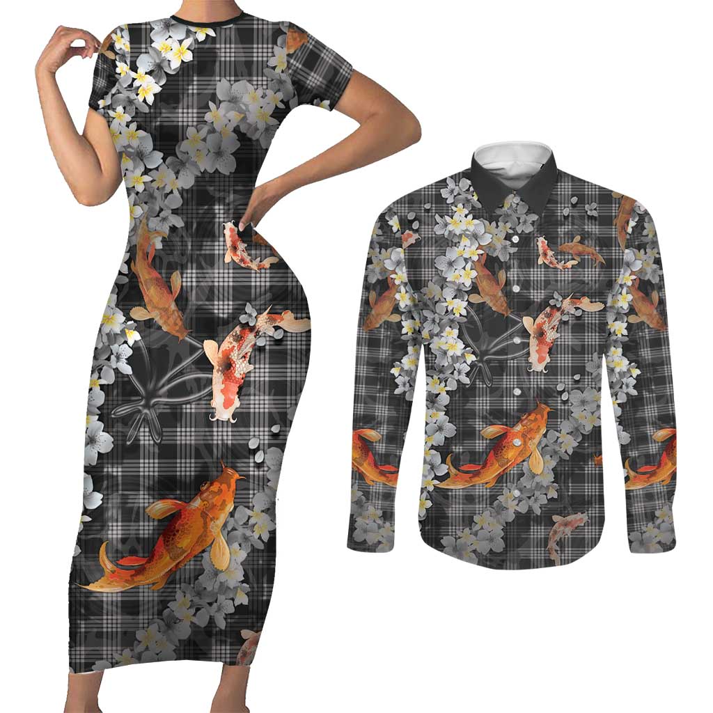Black Palaka Hawaiian And Japanese Couples Matching Short Sleeve Bodycon Dress and Long Sleeve Button Shirt Sakura Lei With Koi Fish - Polynesian Pride