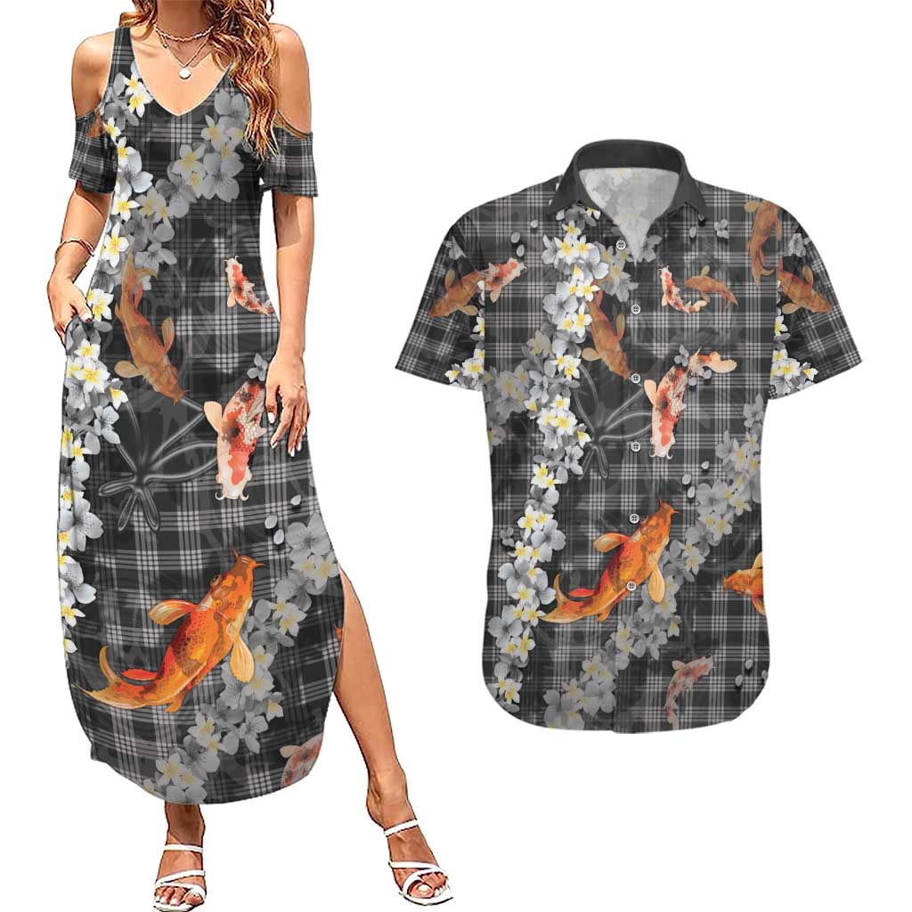 Black Palaka Hawaiian And Japanese Couples Matching Summer Maxi Dress and Hawaiian Shirt Sakura Lei With Koi Fish - Polynesian Pride