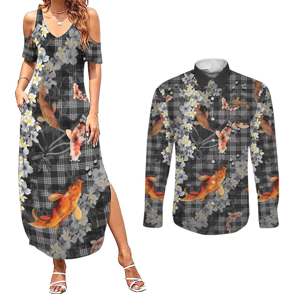Black Palaka Hawaiian And Japanese Couples Matching Summer Maxi Dress and Long Sleeve Button Shirt Sakura Lei With Koi Fish - Polynesian Pride