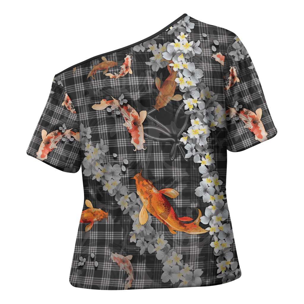 Black Palaka Hawaiian And Japanese Cross Shoulder Shirt Sakura Lei With Koi Fish - Polynesian Pride