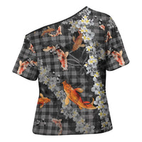 Black Palaka Hawaiian And Japanese Cross Shoulder Shirt Sakura Lei With Koi Fish - Polynesian Pride