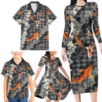 Black Palaka Hawaiian And Japanese Family Matching Long Sleeve Bodycon Dress and Hawaiian Shirt Sakura Lei With Koi Fish DT05 - Polynesian Pride