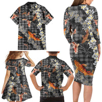 Black Palaka Hawaiian And Japanese Family Matching Long Sleeve Bodycon Dress and Hawaiian Shirt Sakura Lei With Koi Fish DT05 - Polynesian Pride