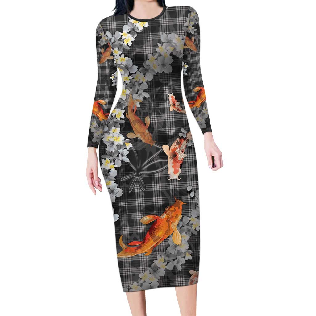 Black Palaka Hawaiian And Japanese Family Matching Long Sleeve Bodycon Dress and Hawaiian Shirt Sakura Lei With Koi Fish DT05 Mom's Dress Black - Polynesian Pride