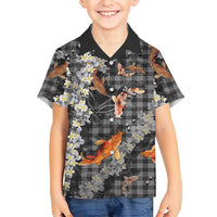 Black Palaka Hawaiian And Japanese Family Matching Long Sleeve Bodycon Dress and Hawaiian Shirt Sakura Lei With Koi Fish DT05 Son's Shirt Black - Polynesian Pride
