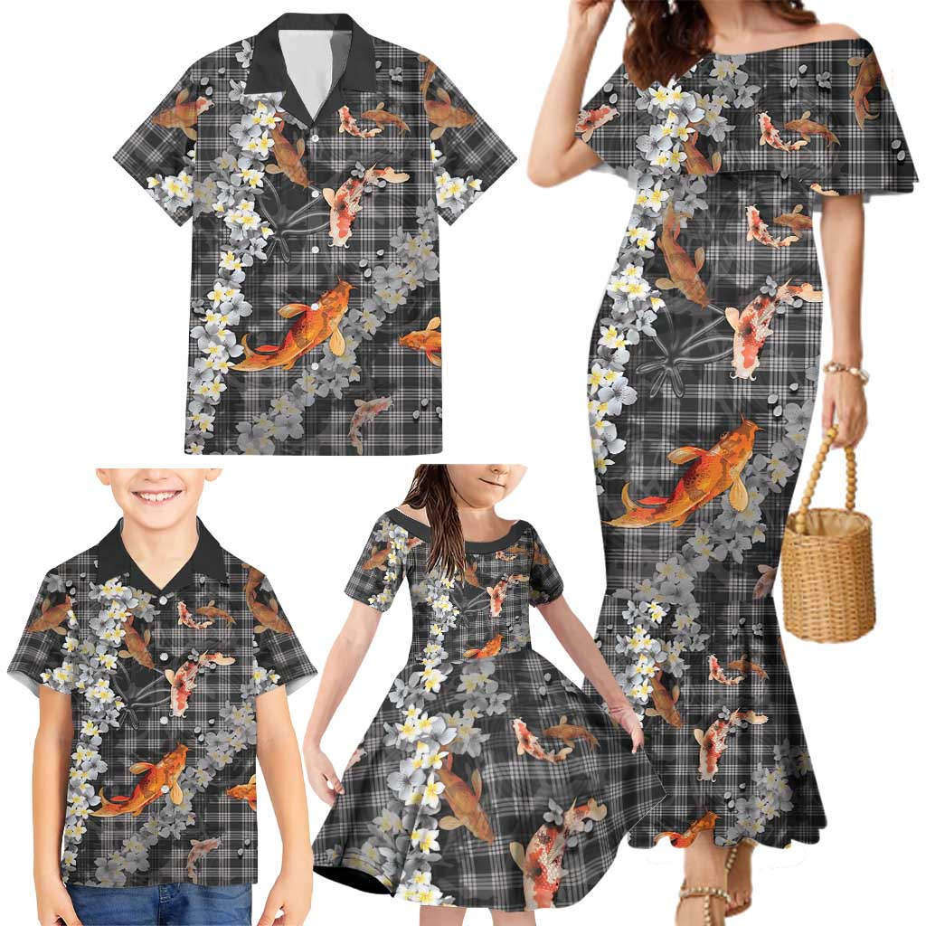Black Palaka Hawaiian And Japanese Family Matching Mermaid Dress and Hawaiian Shirt Sakura Lei With Koi Fish DT05 - Polynesian Pride