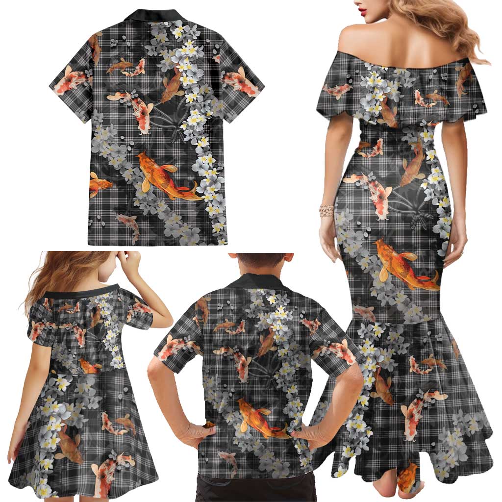 Black Palaka Hawaiian And Japanese Family Matching Mermaid Dress and Hawaiian Shirt Sakura Lei With Koi Fish DT05 - Polynesian Pride