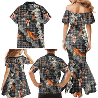 Black Palaka Hawaiian And Japanese Family Matching Mermaid Dress and Hawaiian Shirt Sakura Lei With Koi Fish DT05 - Polynesian Pride