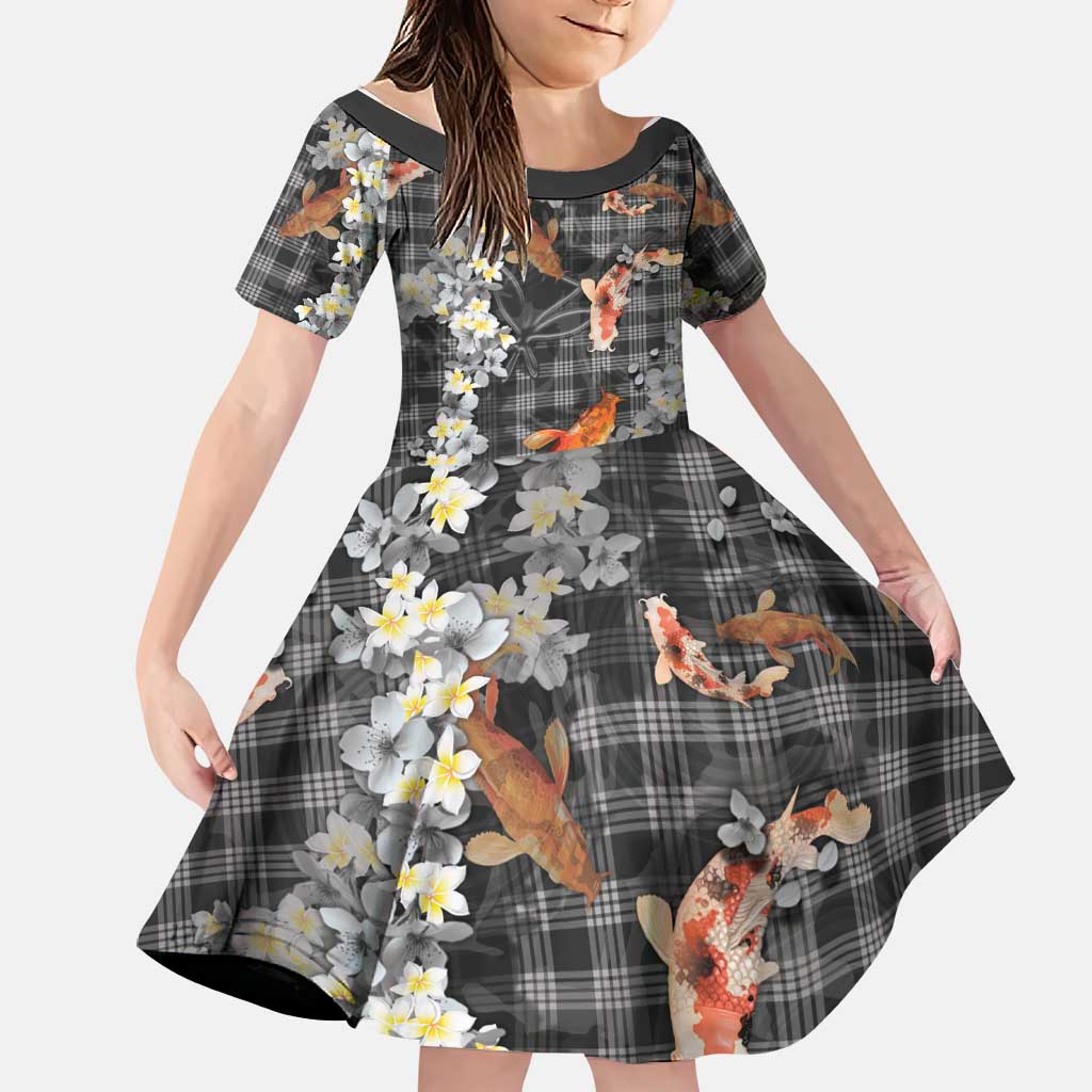 Black Palaka Hawaiian And Japanese Family Matching Off The Shoulder Long Sleeve Dress and Hawaiian Shirt Sakura Lei With Koi Fish DT05 Daughter's Dress Black - Polynesian Pride