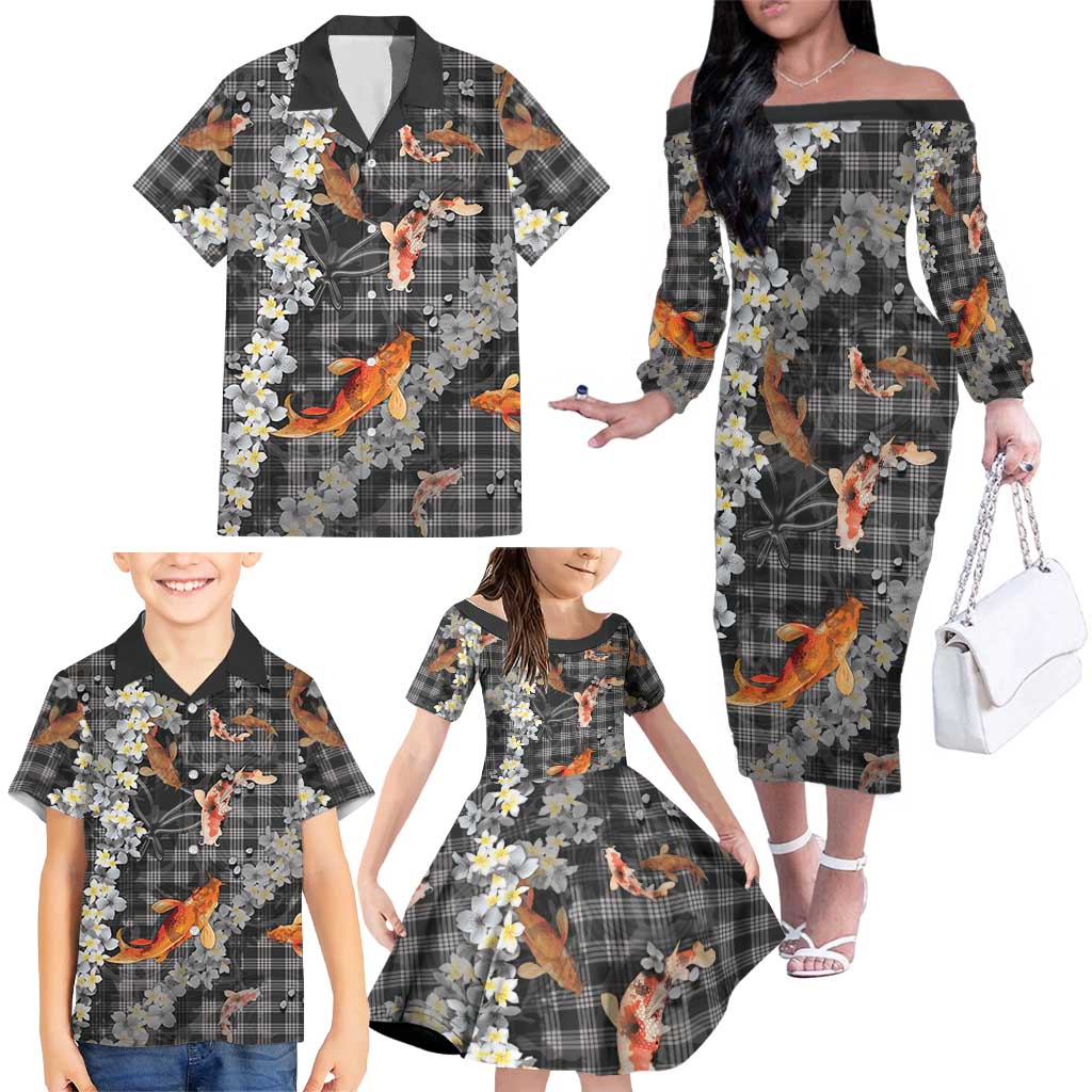 Black Palaka Hawaiian And Japanese Family Matching Off The Shoulder Long Sleeve Dress and Hawaiian Shirt Sakura Lei With Koi Fish - Polynesian Pride