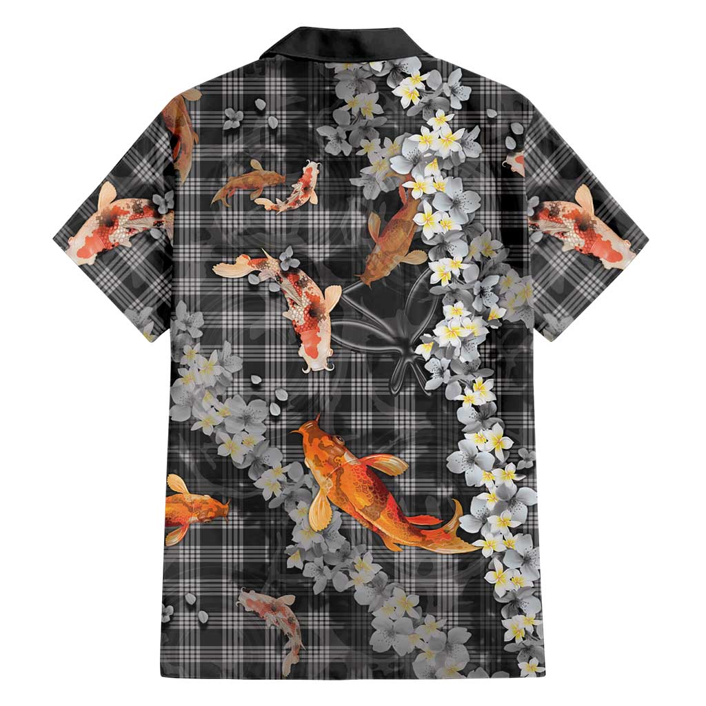 Black Palaka Hawaiian And Japanese Family Matching Off The Shoulder Long Sleeve Dress and Hawaiian Shirt Sakura Lei With Koi Fish DT05 - Polynesian Pride