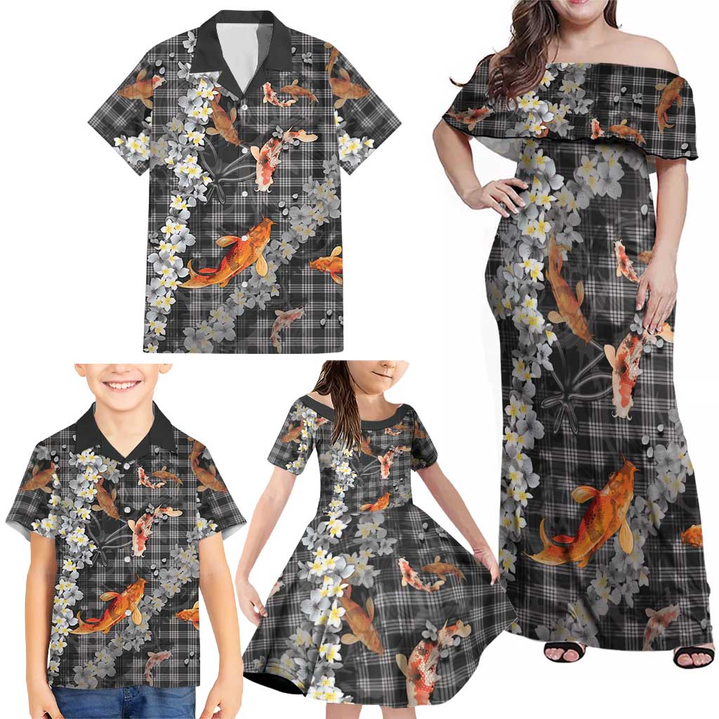 Black Palaka Hawaiian And Japanese Family Matching Off Shoulder Maxi Dress and Hawaiian Shirt Sakura Lei With Koi Fish DT05 - Polynesian Pride