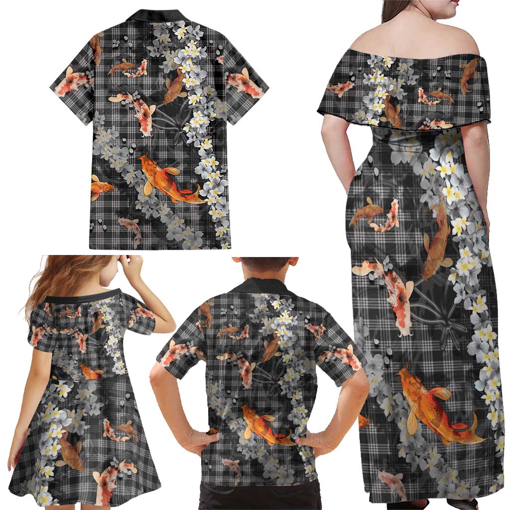 Black Palaka Hawaiian And Japanese Family Matching Off Shoulder Maxi Dress and Hawaiian Shirt Sakura Lei With Koi Fish DT05 - Polynesian Pride