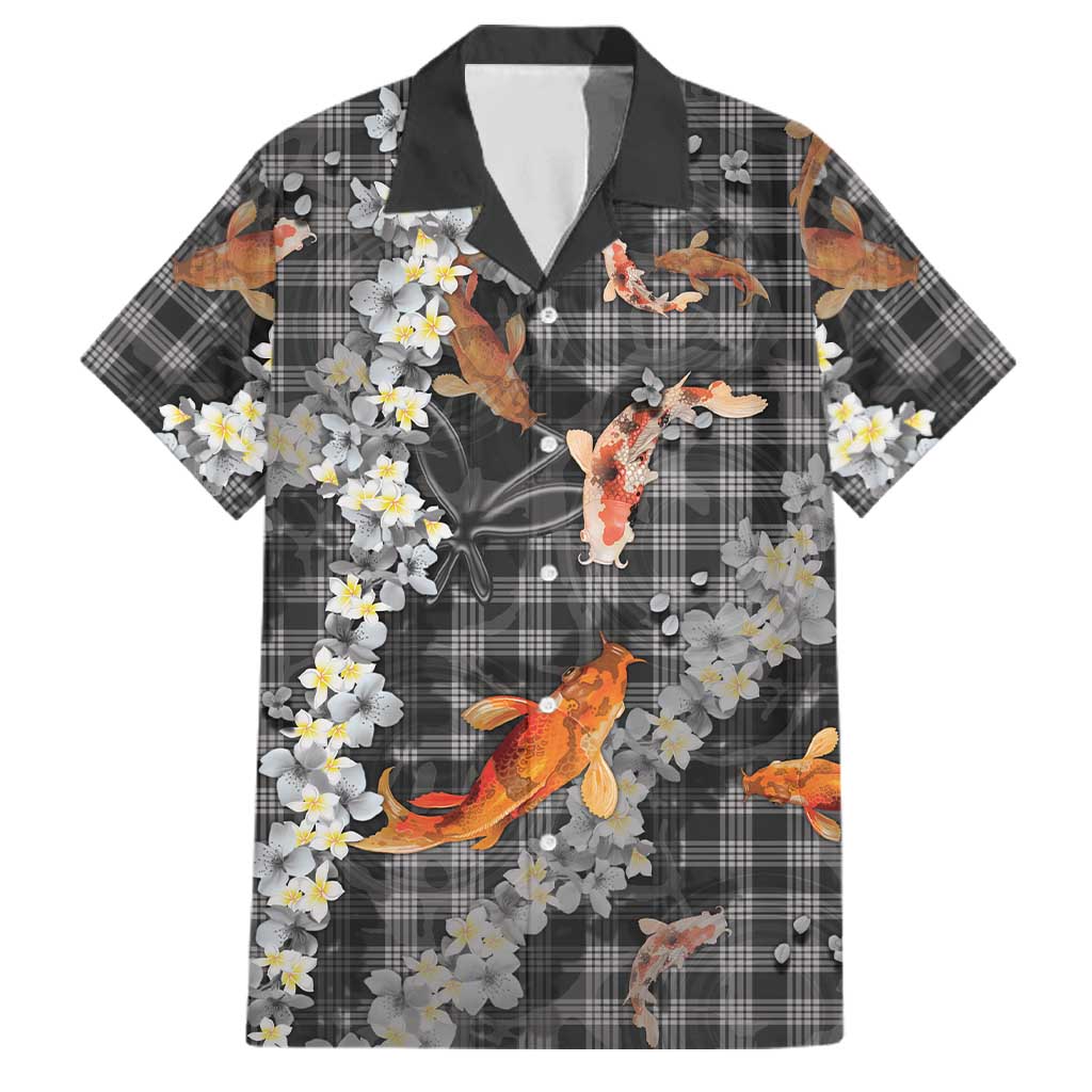 Black Palaka Hawaiian And Japanese Family Matching Off Shoulder Maxi Dress and Hawaiian Shirt Sakura Lei With Koi Fish DT05 Dad's Shirt - Short Sleeve Black - Polynesian Pride