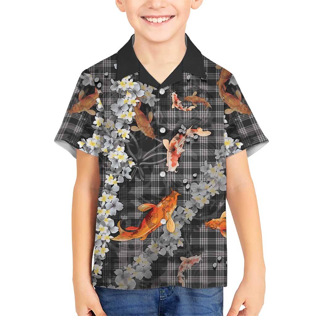 Black Palaka Hawaiian And Japanese Family Matching Off Shoulder Maxi Dress and Hawaiian Shirt Sakura Lei With Koi Fish DT05 Son's Shirt Black - Polynesian Pride