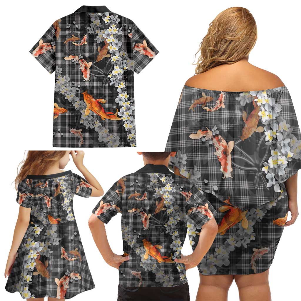 Black Palaka Hawaiian And Japanese Family Matching Off Shoulder Short Dress and Hawaiian Shirt Sakura Lei With Koi Fish DT05 - Polynesian Pride