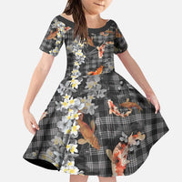 Black Palaka Hawaiian And Japanese Family Matching Puletasi and Hawaiian Shirt Sakura Lei With Koi Fish DT05 Daughter's Dress Black - Polynesian Pride