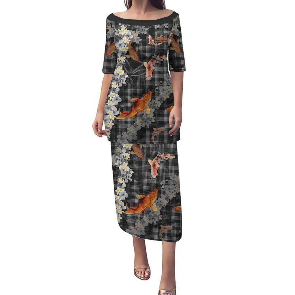 Black Palaka Hawaiian And Japanese Family Matching Puletasi and Hawaiian Shirt Sakura Lei With Koi Fish DT05 Mom's Dress Black - Polynesian Pride