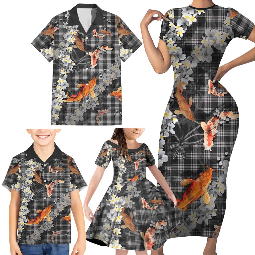 Black Palaka Hawaiian And Japanese Family Matching Short Sleeve Bodycon Dress and Hawaiian Shirt Sakura Lei With Koi Fish - Polynesian Pride