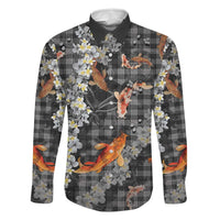 Black Palaka Hawaiian And Japanese Family Matching Summer Maxi Dress and Hawaiian Shirt Sakura Lei With Koi Fish DT05 Dad's Shirt - Long Sleeve Black - Polynesian Pride
