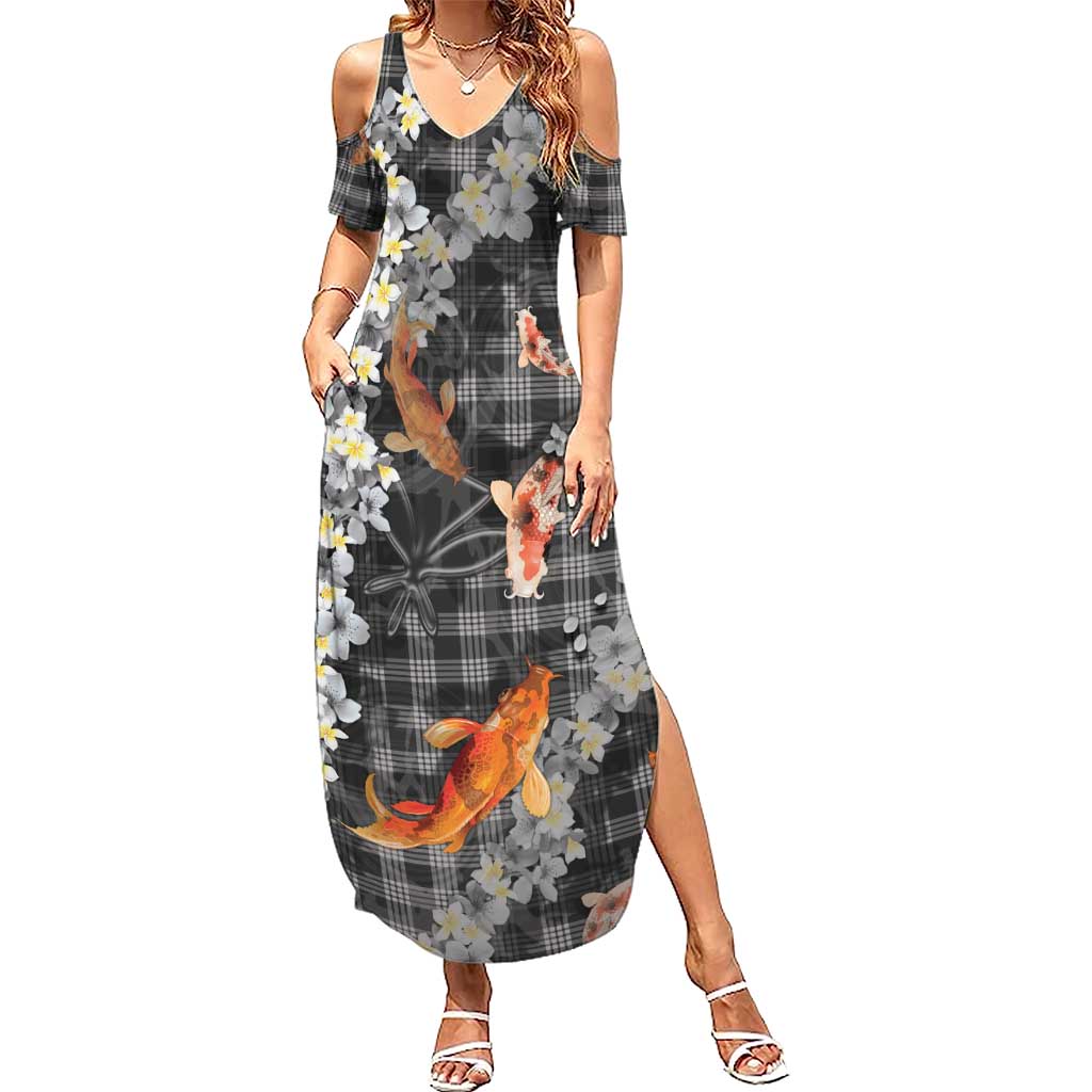 Black Palaka Hawaiian And Japanese Family Matching Summer Maxi Dress and Hawaiian Shirt Sakura Lei With Koi Fish DT05 Mom's Dress Black - Polynesian Pride