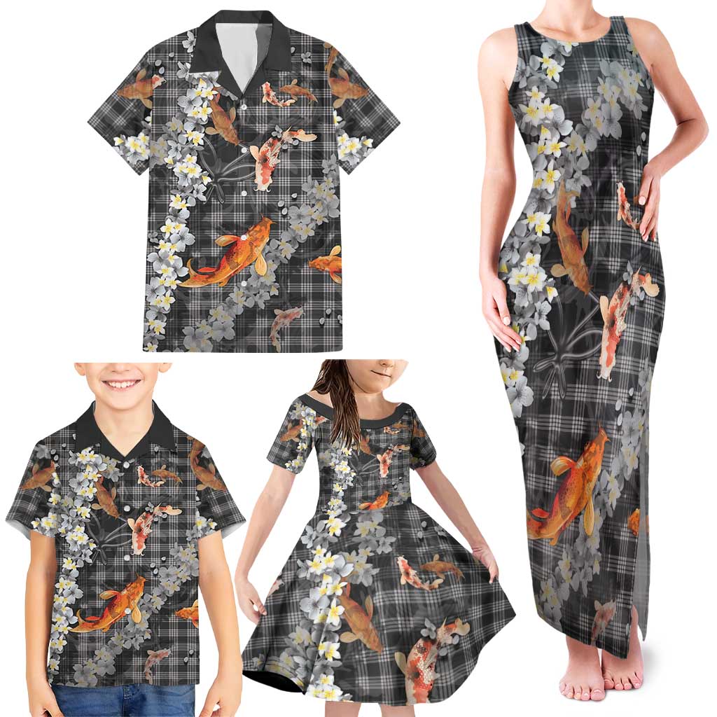 Black Palaka Hawaiian And Japanese Family Matching Tank Maxi Dress and Hawaiian Shirt Sakura Lei With Koi Fish DT05 - Polynesian Pride