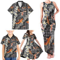 Black Palaka Hawaiian And Japanese Family Matching Tank Maxi Dress and Hawaiian Shirt Sakura Lei With Koi Fish DT05 - Polynesian Pride