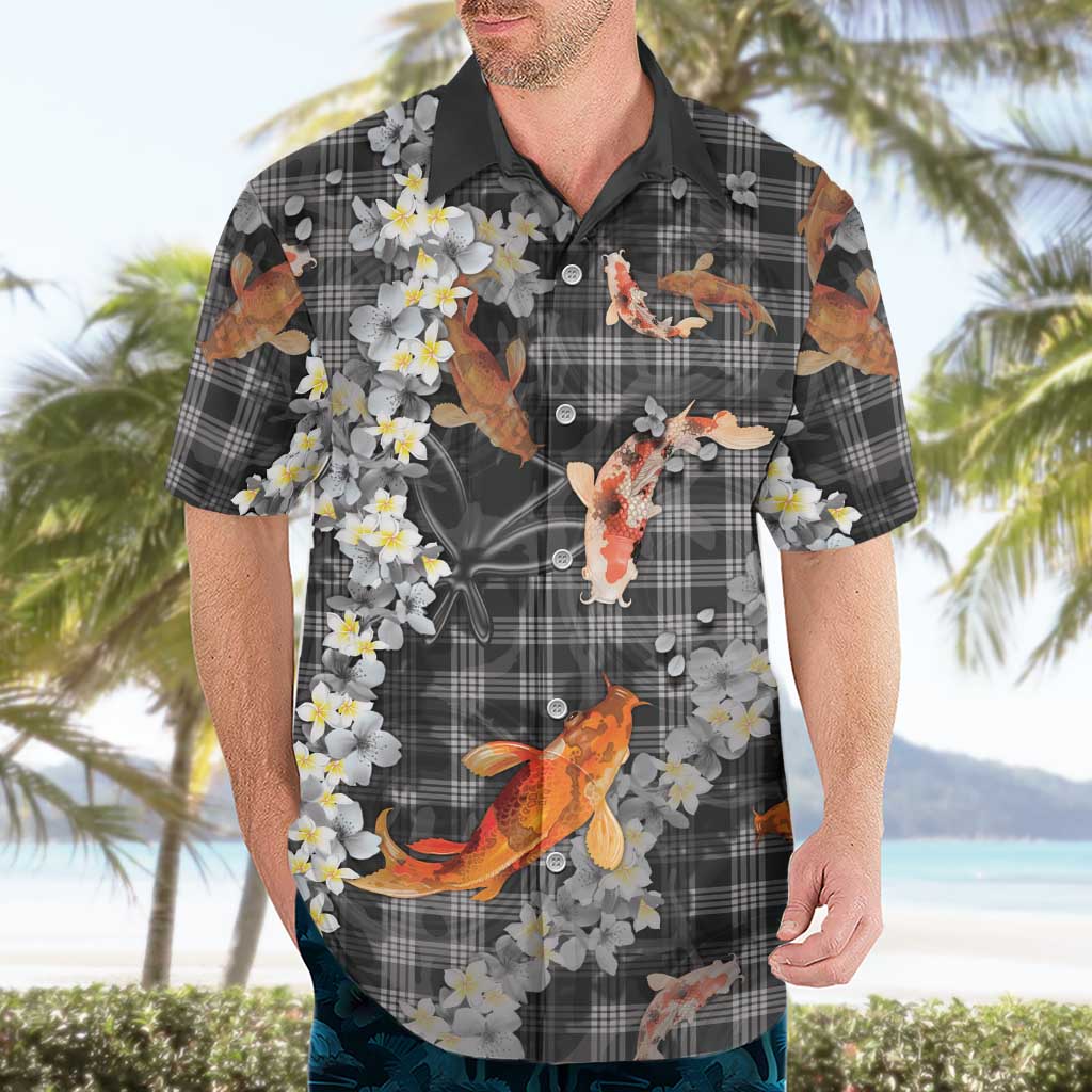 Black Palaka Hawaiian And Japanese Hawaiian Shirt Sakura Lei With Koi Fish - Polynesian Pride