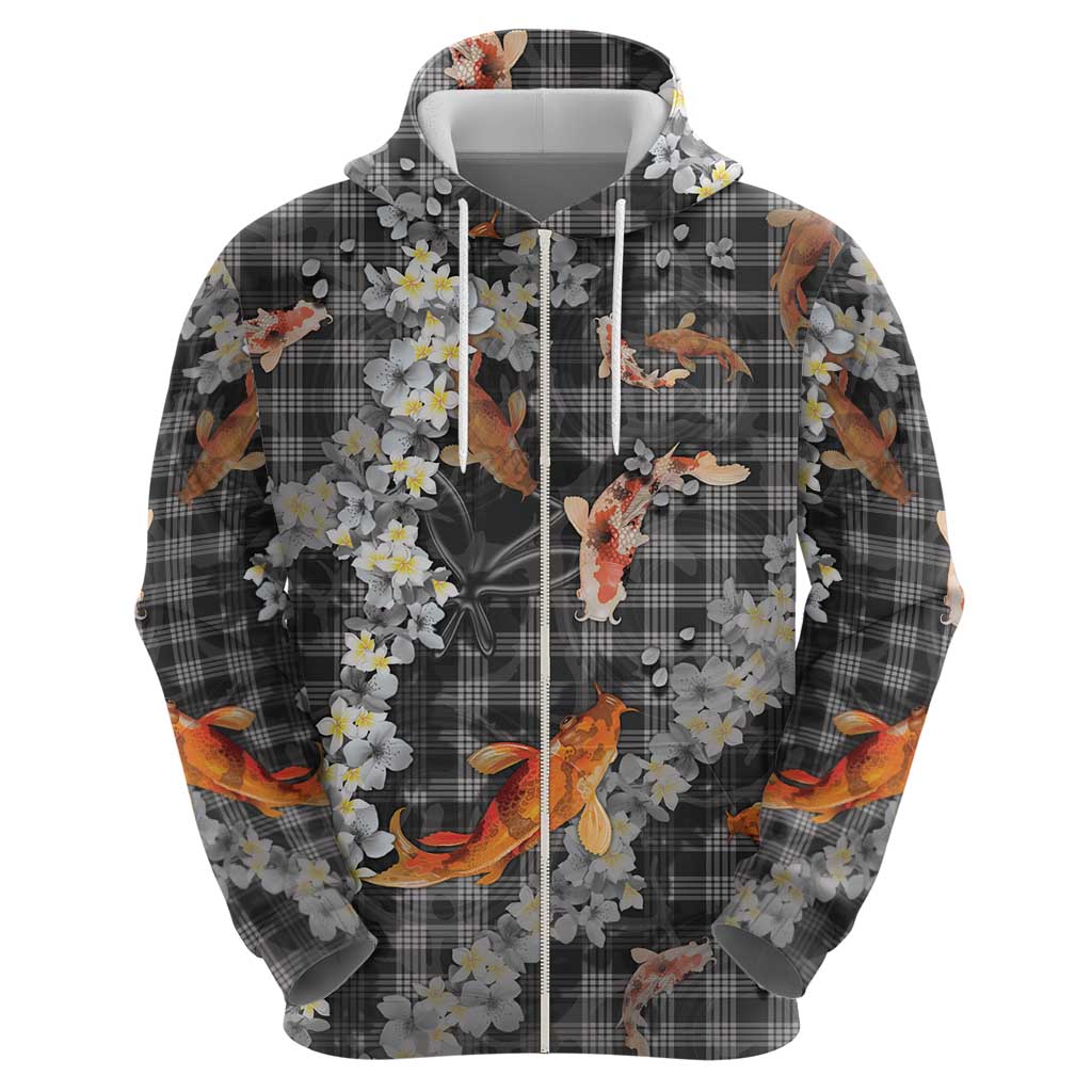 Black Palaka Hawaiian And Japanese Hoodie Sakura Lei With Koi Fish - Polynesian Pride