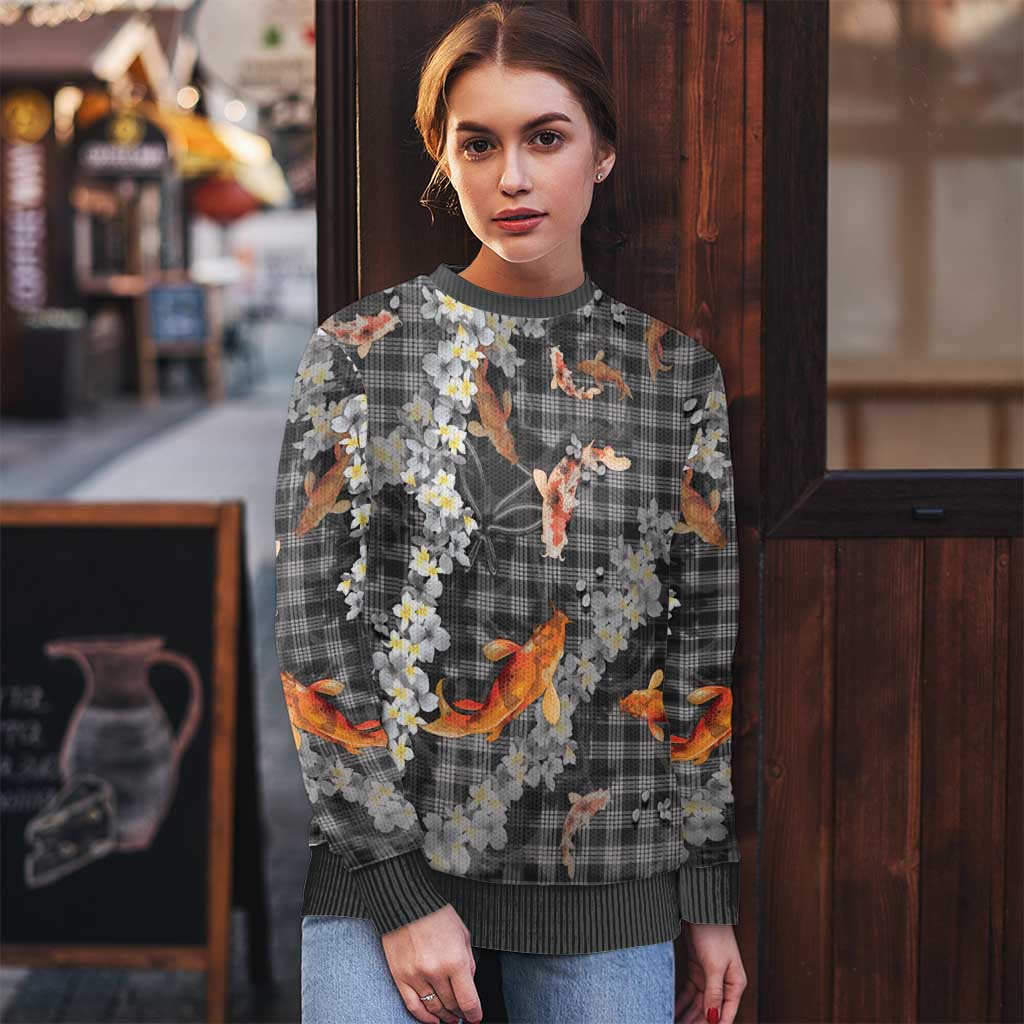 Black Palaka Hawaiian and Japanese Ugly Christmas Sweater - Sakura Lei With Koi Fish DT05 - Polynesian Pride