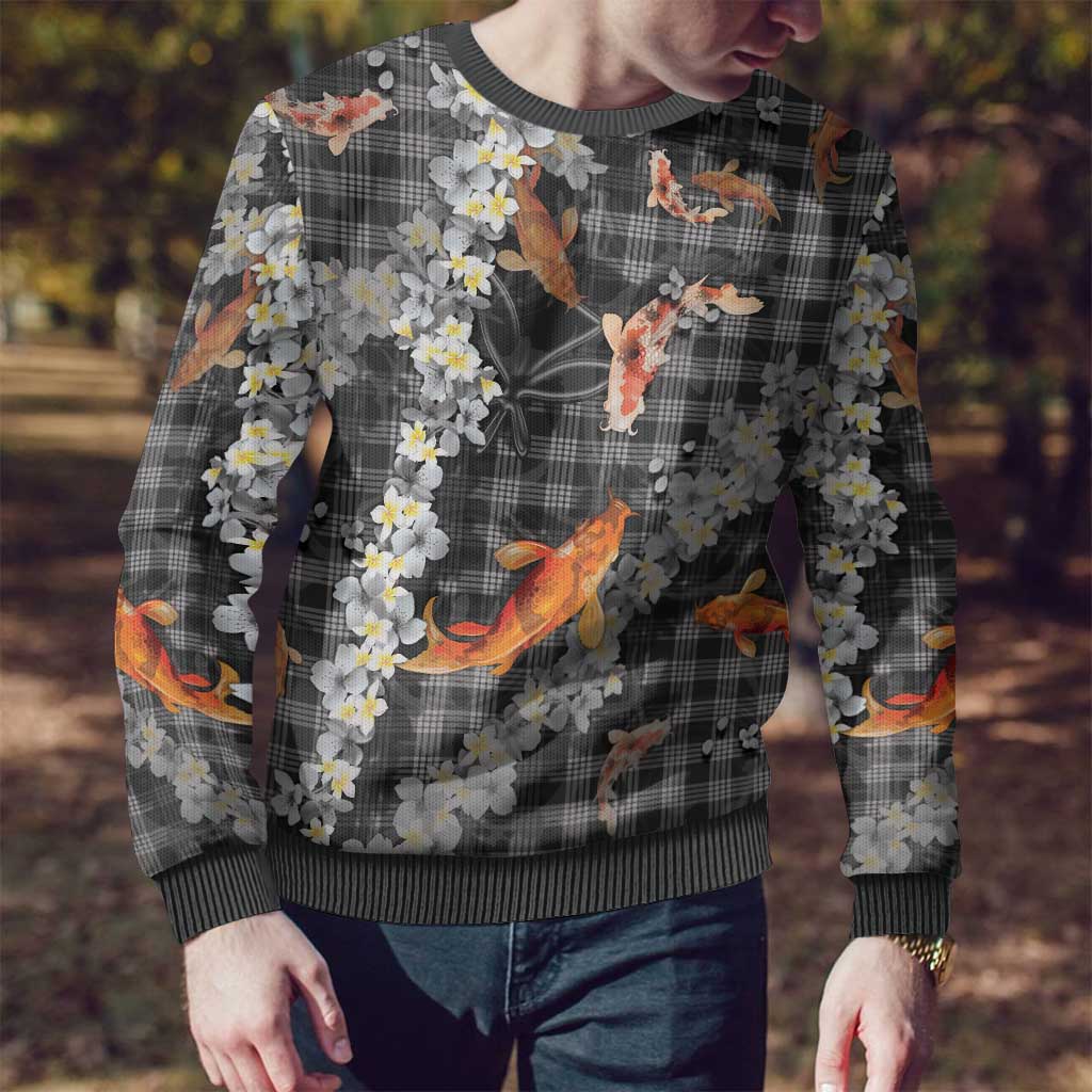 Black Palaka Hawaiian and Japanese Ugly Christmas Sweater - Sakura Lei With Koi Fish DT05 - Polynesian Pride