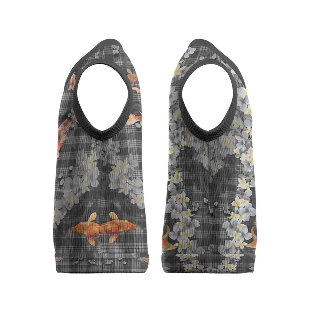 Black Palaka Hawaiian And Japanese Christmas Knitted V-Neck Vest Sakura Lei With Koi Fish DT05 - Polynesian Pride