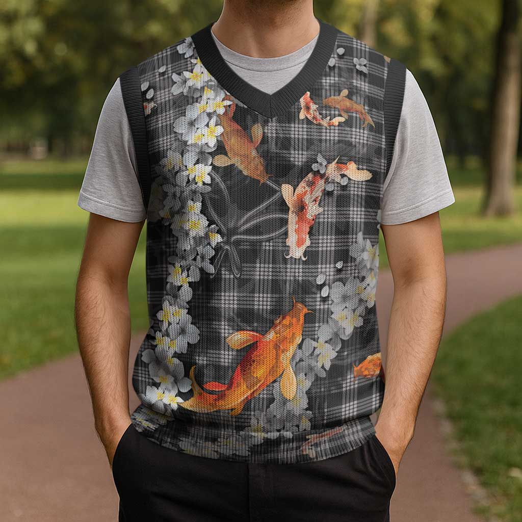 Black Palaka Hawaiian And Japanese Christmas Knitted V-Neck Vest Sakura Lei With Koi Fish DT05 - Polynesian Pride