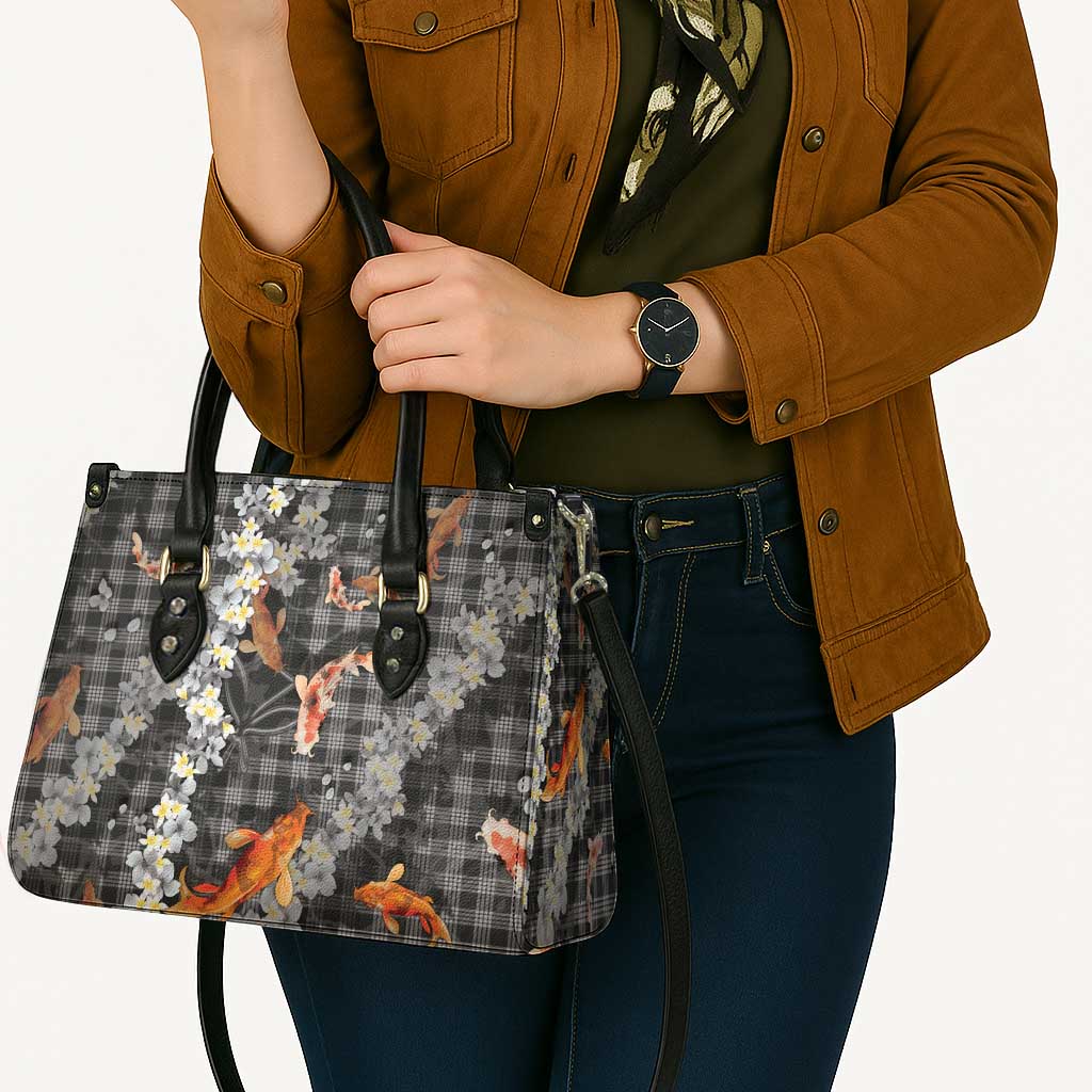Black Palaka Hawaiian And Japanese Leather Bag Sakura Lei With Koi Fish - Polynesian Pride