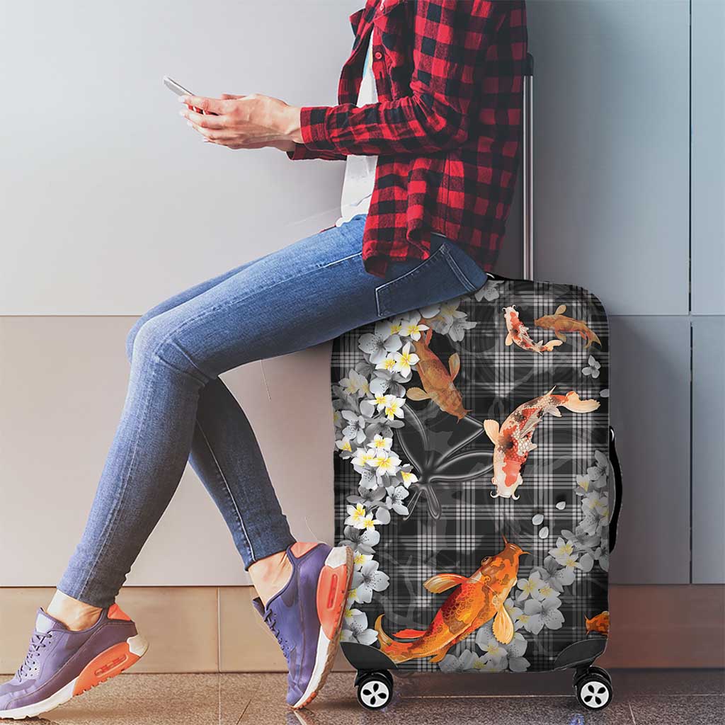 Black Palaka Hawaiian And Japanese Luggage Cover Sakura Lei With Koi Fish - Polynesian Pride
