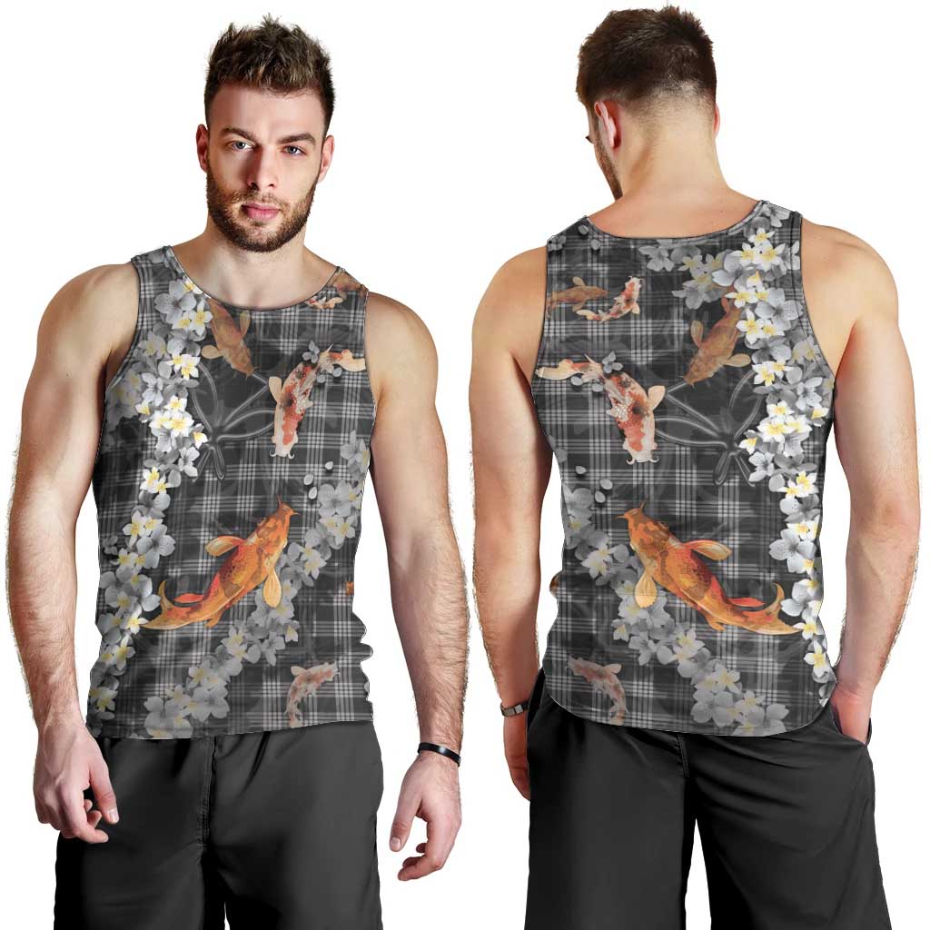 Black Palaka Hawaiian And Japanese Men Tank Top Sakura Lei With Koi Fish - Polynesian Pride