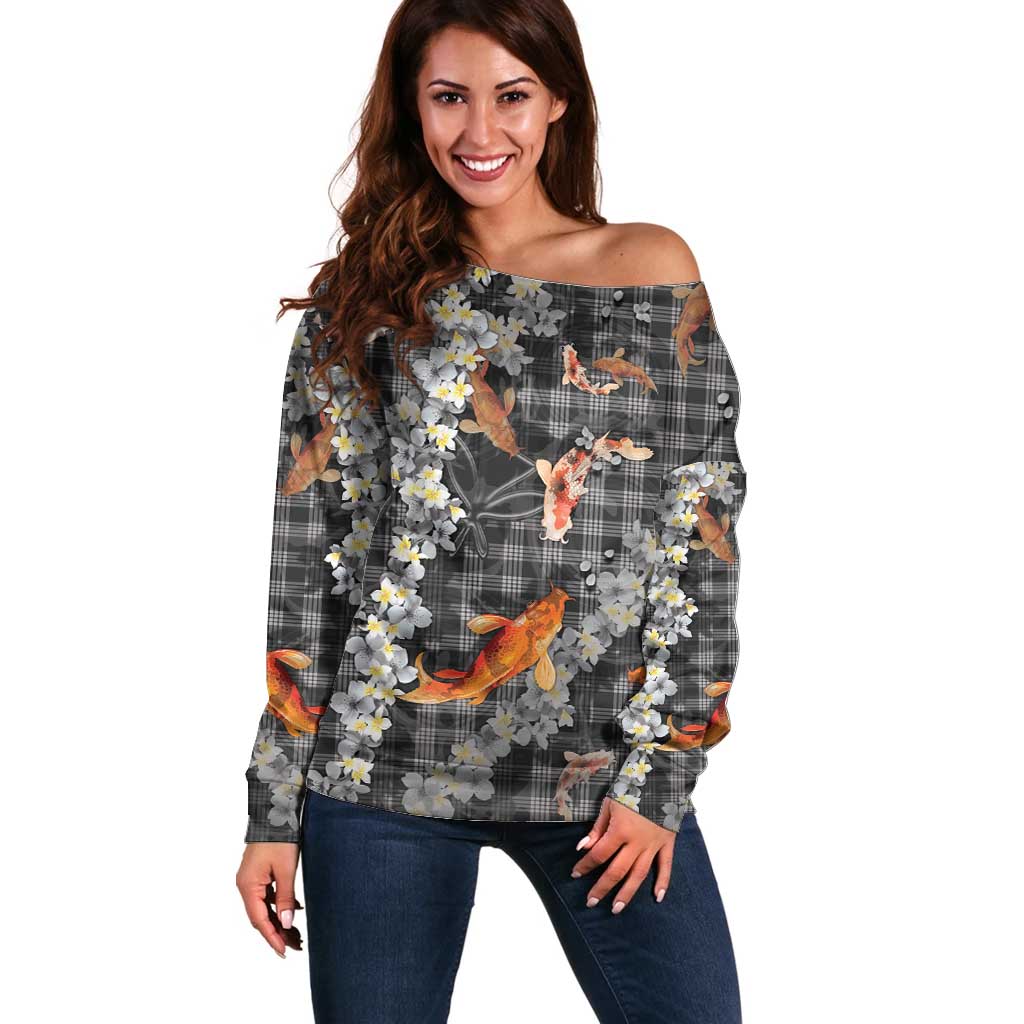 Black Palaka Hawaiian And Japanese Off Shoulder Sweater Sakura Lei With Koi Fish DT05 Women Black - Polynesian Pride