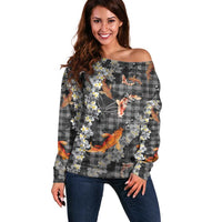 Black Palaka Hawaiian And Japanese Off Shoulder Sweater Sakura Lei With Koi Fish DT05 Women Black - Polynesian Pride