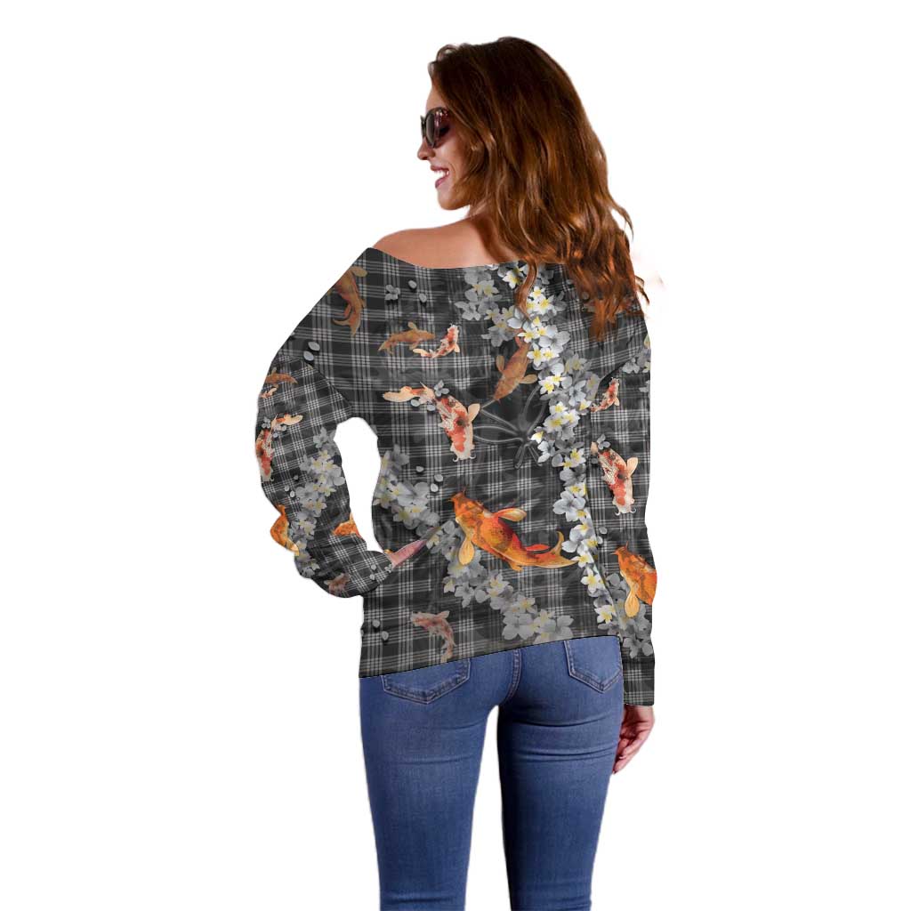 Black Palaka Hawaiian And Japanese Off Shoulder Sweater Sakura Lei With Koi Fish DT05 - Polynesian Pride