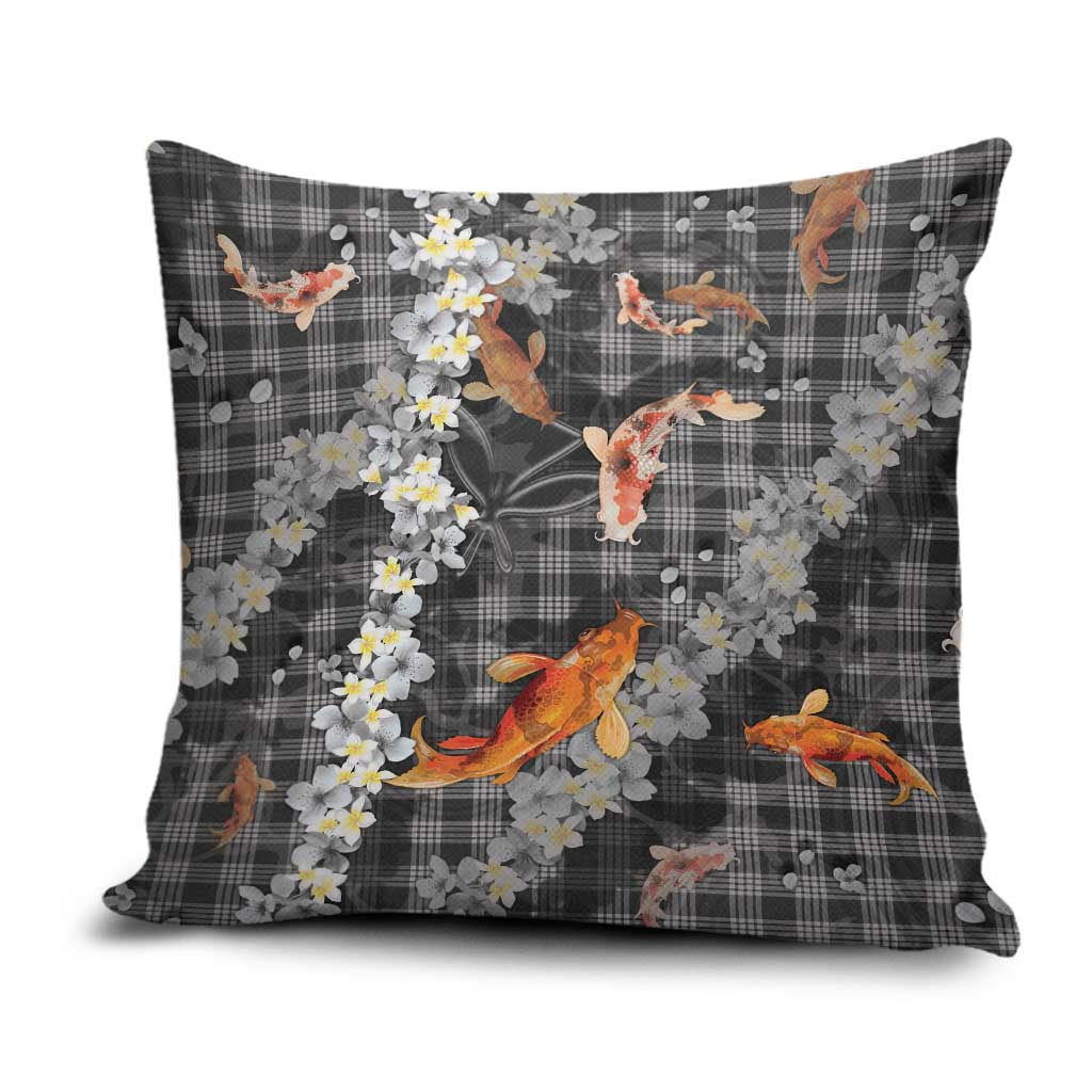 Black Palaka Hawaiian And Japanese Pillow Cover Sakura Lei With Koi Fish - Polynesian Pride