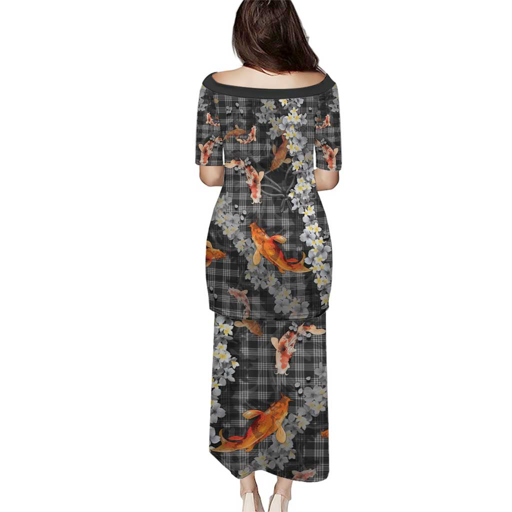 Black Palaka Hawaiian And Japanese Puletasi Sakura Lei With Koi Fish DT05 - Polynesian Pride